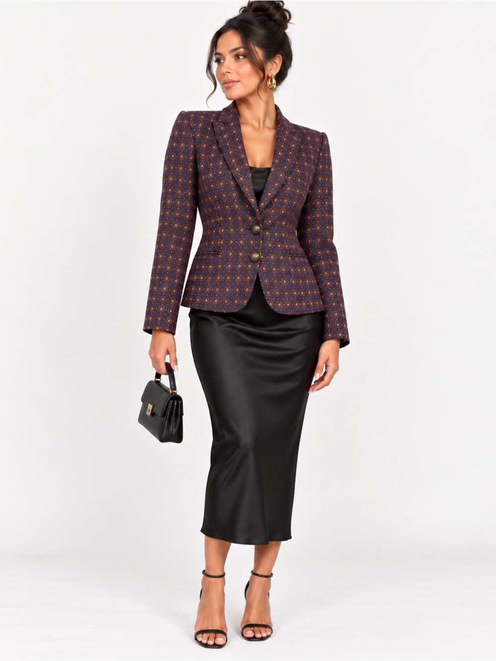 Free People Structured Printed Blazer in Navy with Rust Accents Size XS